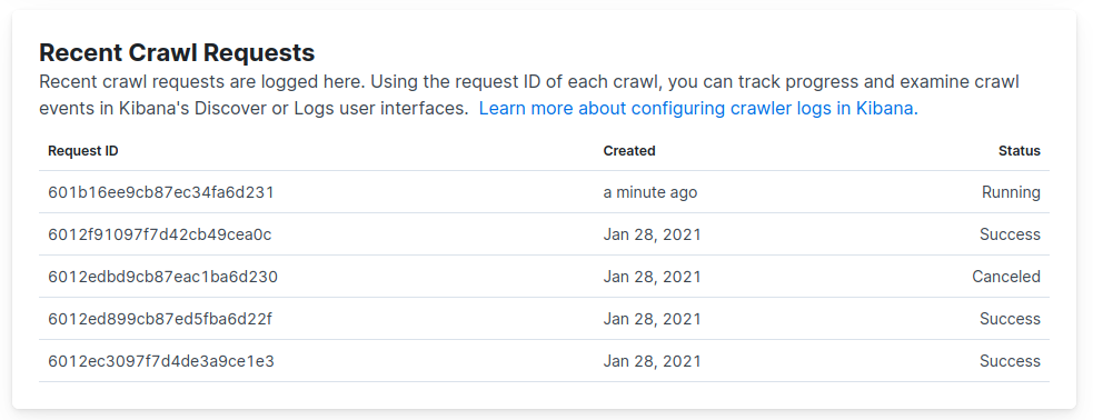 domains dashboard recent crawl requests