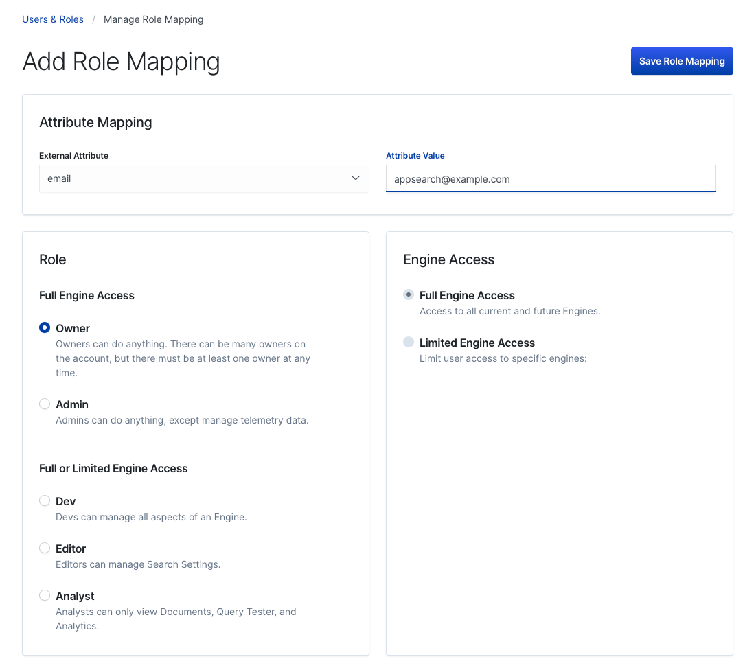 Creating a role mapping between App Search and Elasticsearch.
