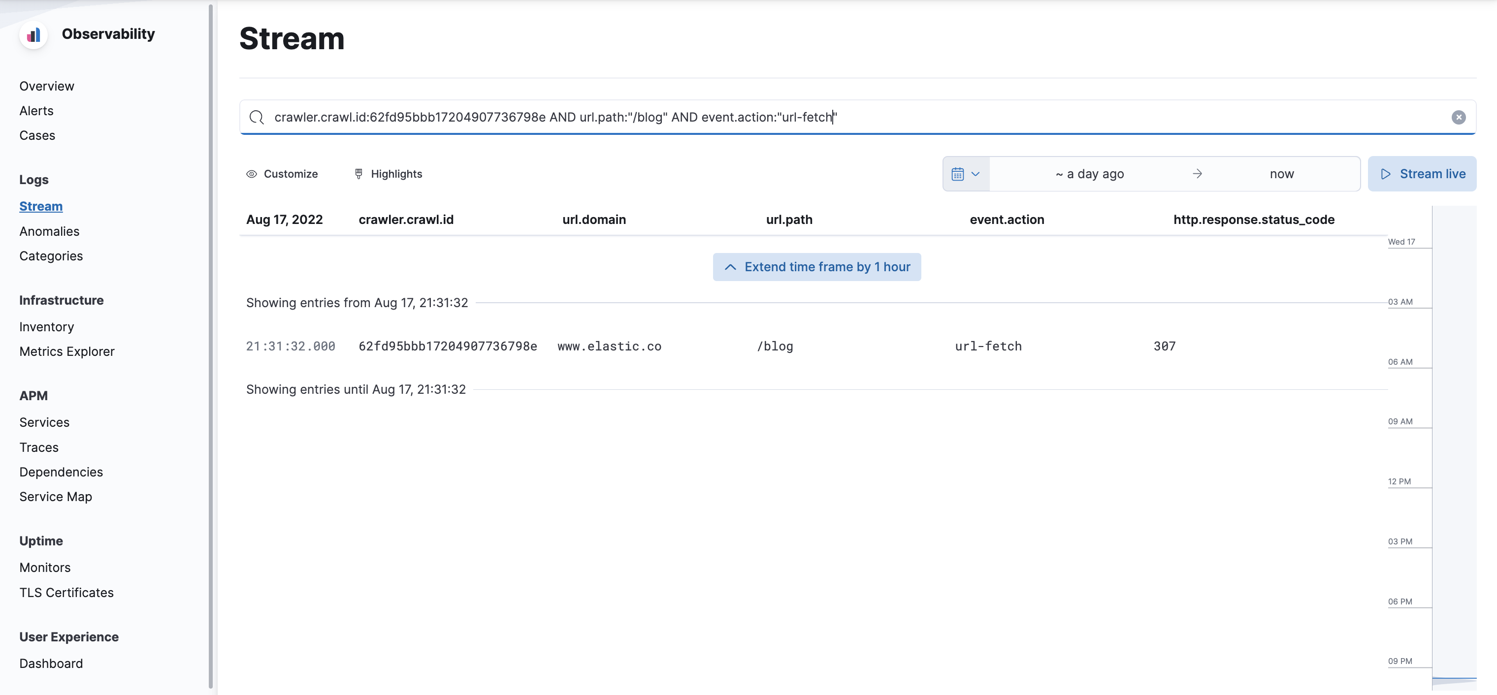 A picture of the events logs viewer, filtering by a crawl request ID, URL, and url-fetch event.