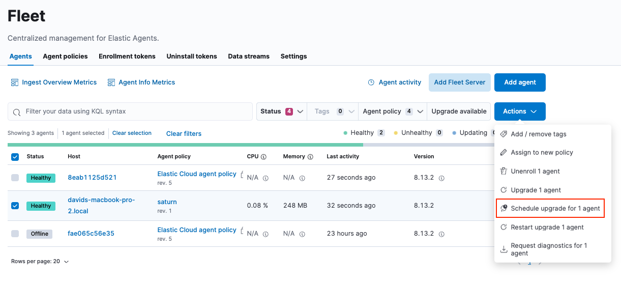 Menu for scheduling Elastic Agent upgrades