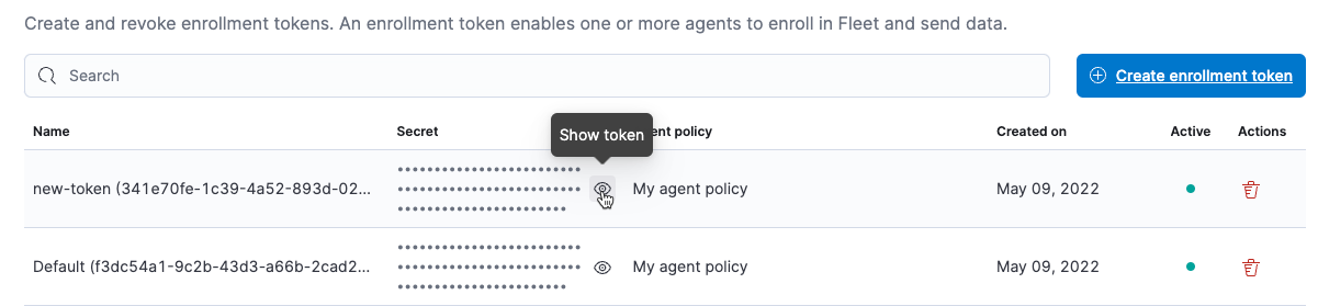 Enrollment tokens tab with Show token icon highlighted