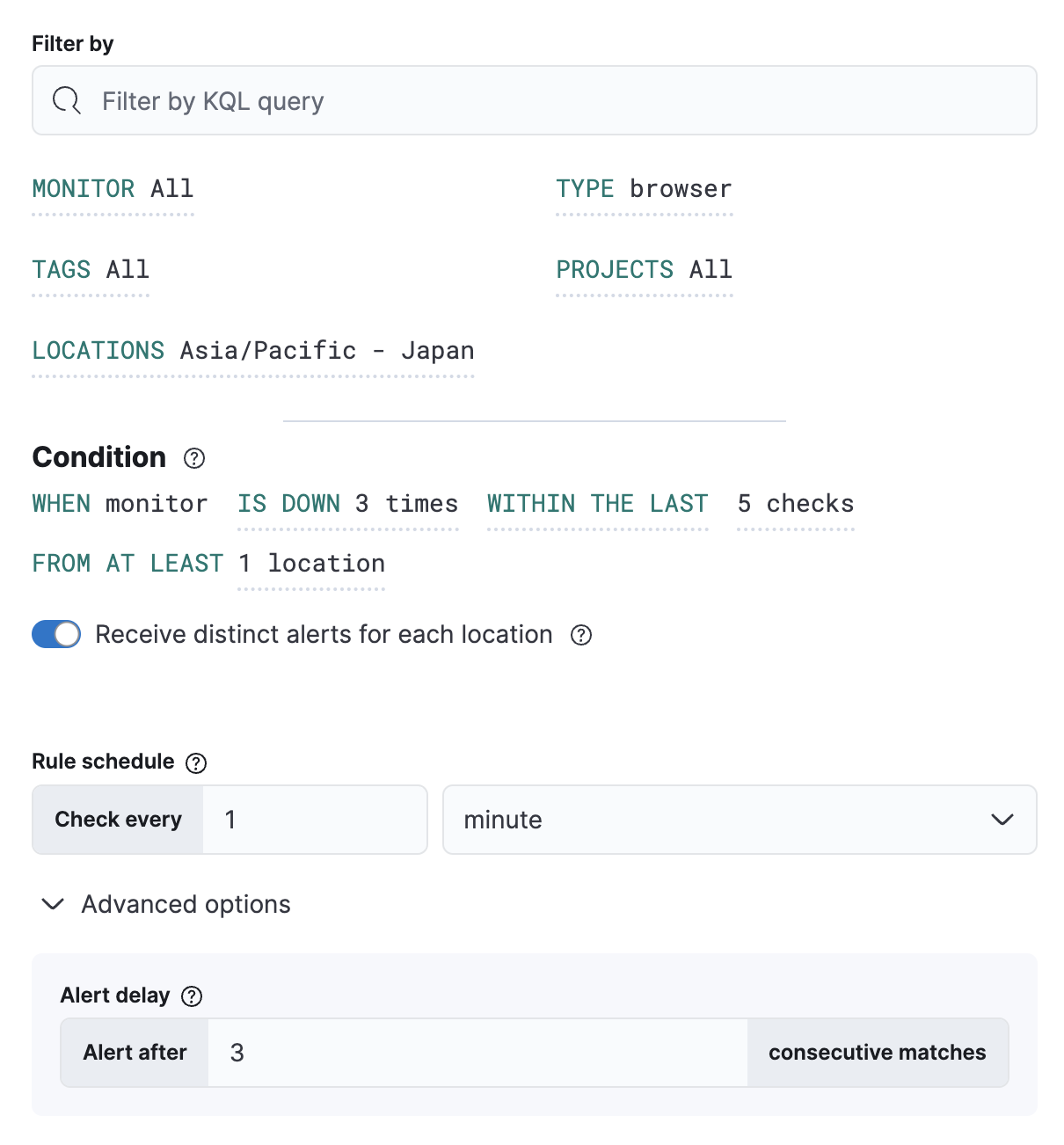 Filters and conditions defining a Synthetics monitor status rule