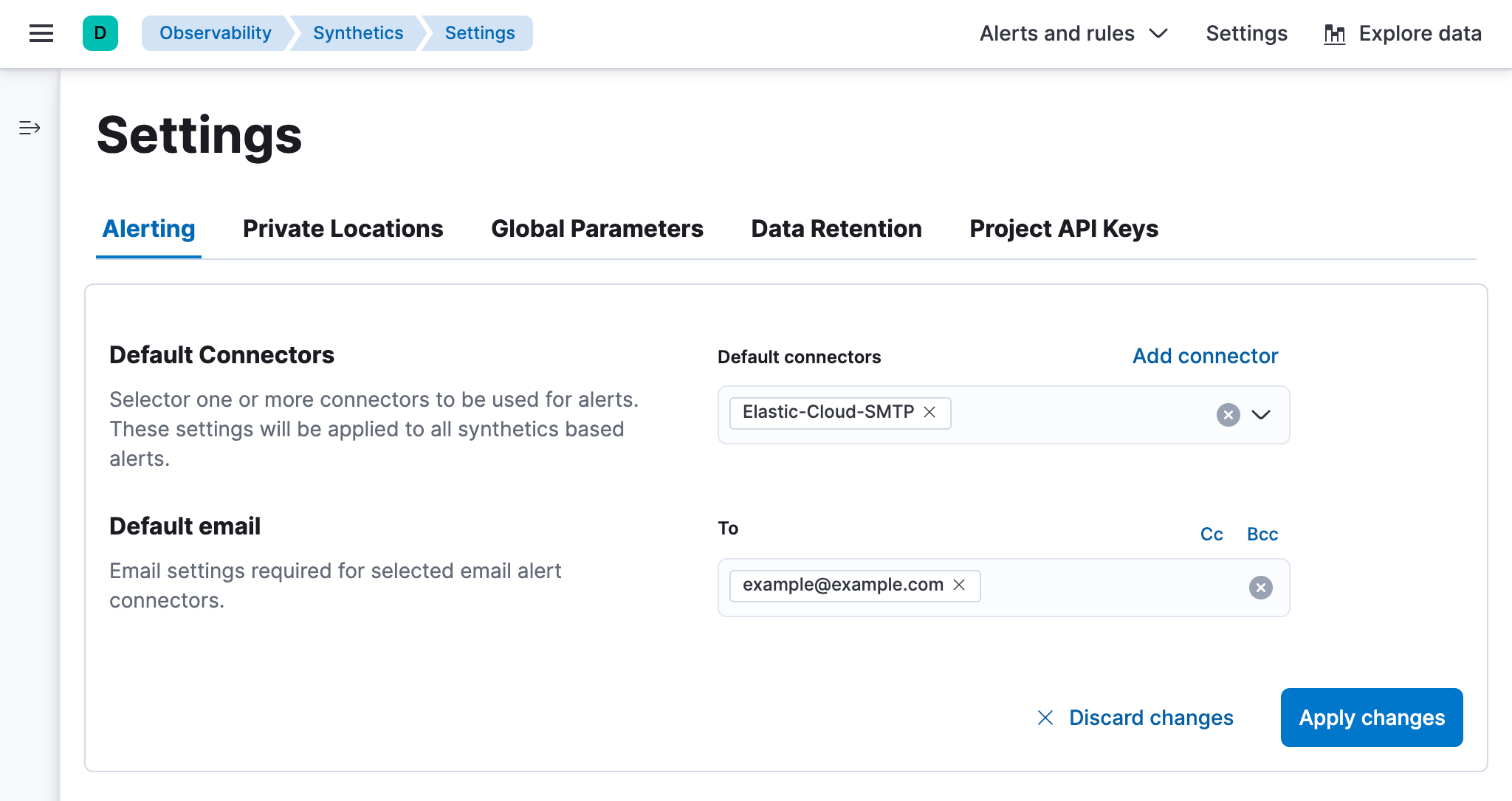 Alerting tab on the Synthetics Settings page in Kibana