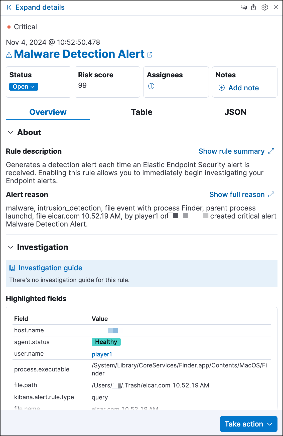 Right panel of the alert details flyout