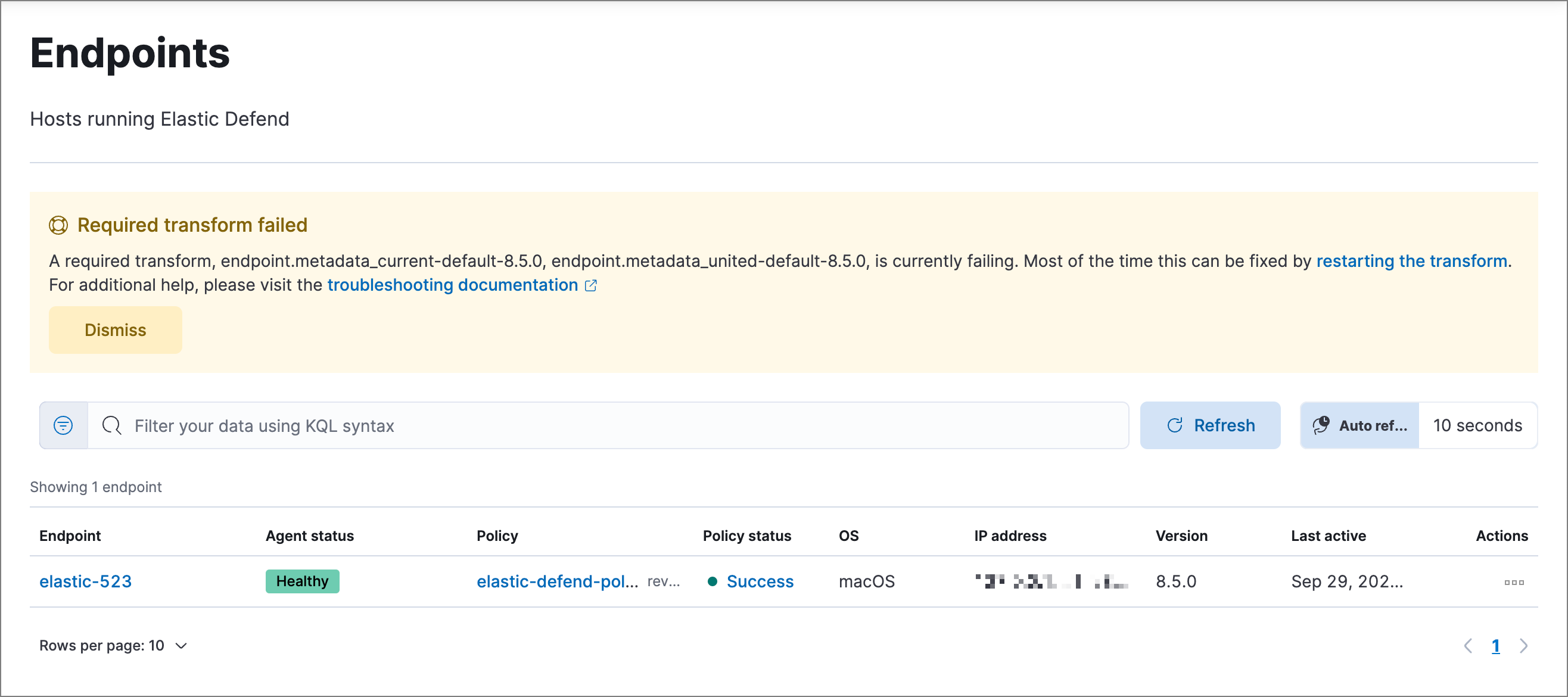 Endpoints page with Required transform failed notice