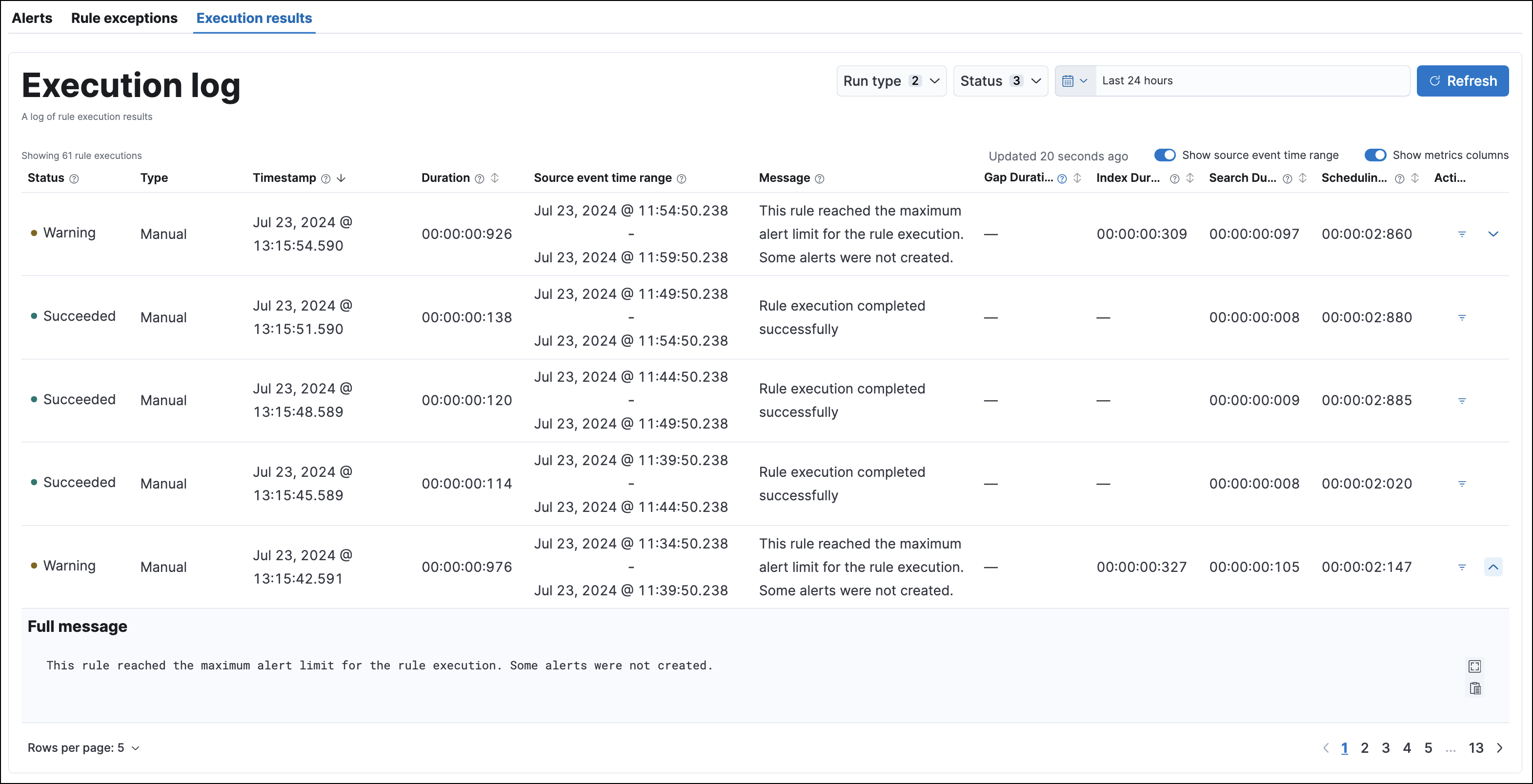 Execution log table on the rule execution results tab