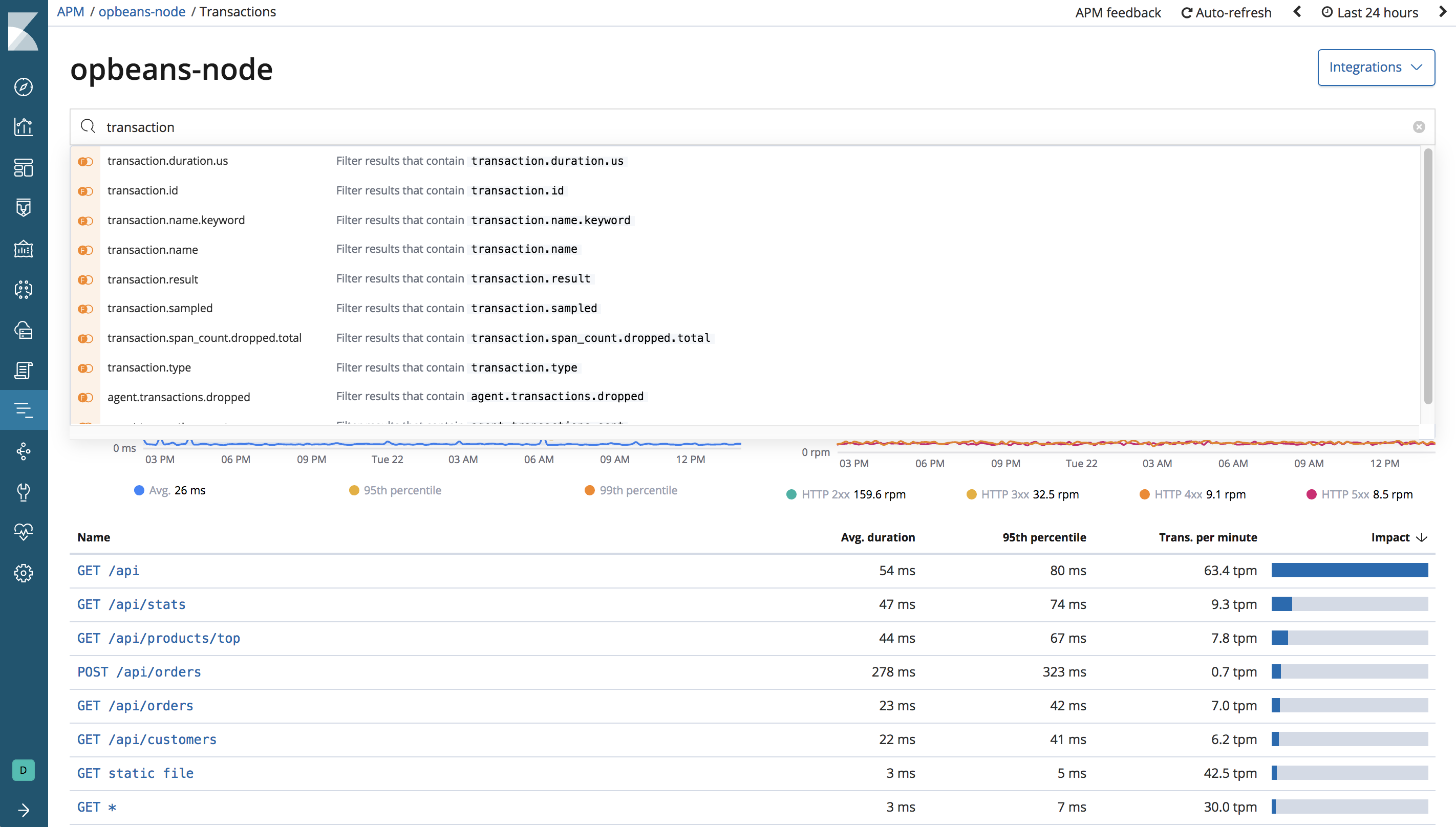 Example of the Kibana Query bar in APM UI in Kibana