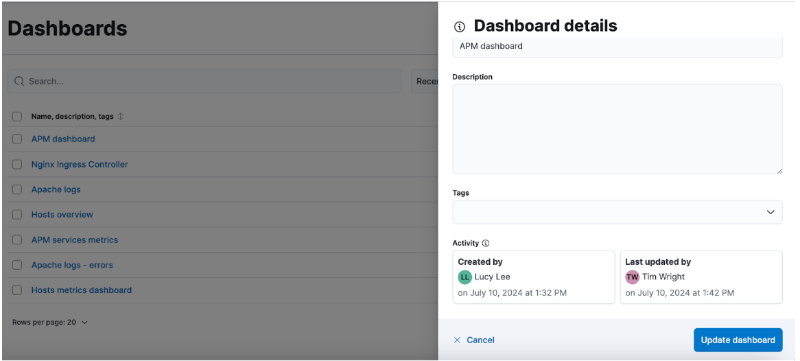 Dashboard details panel with the name of the last editor