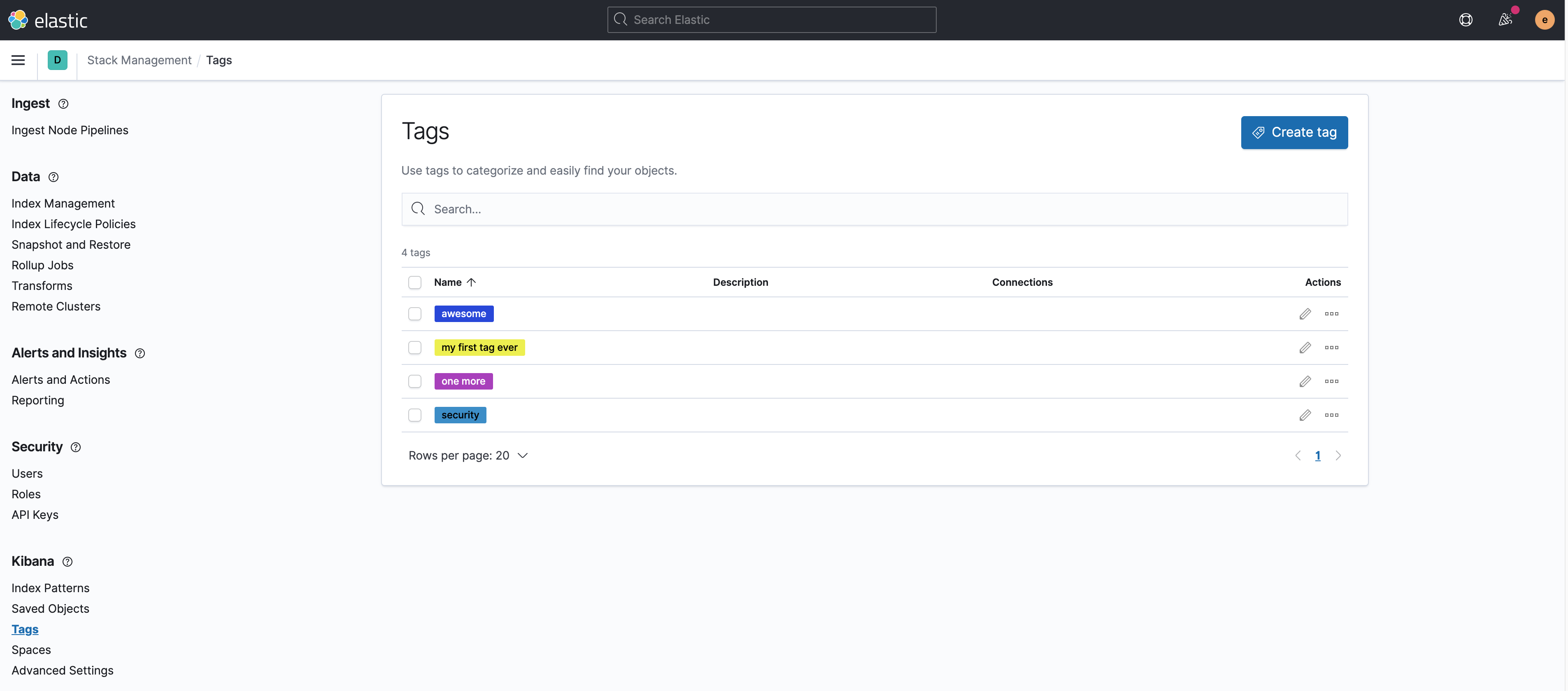 Tags management section