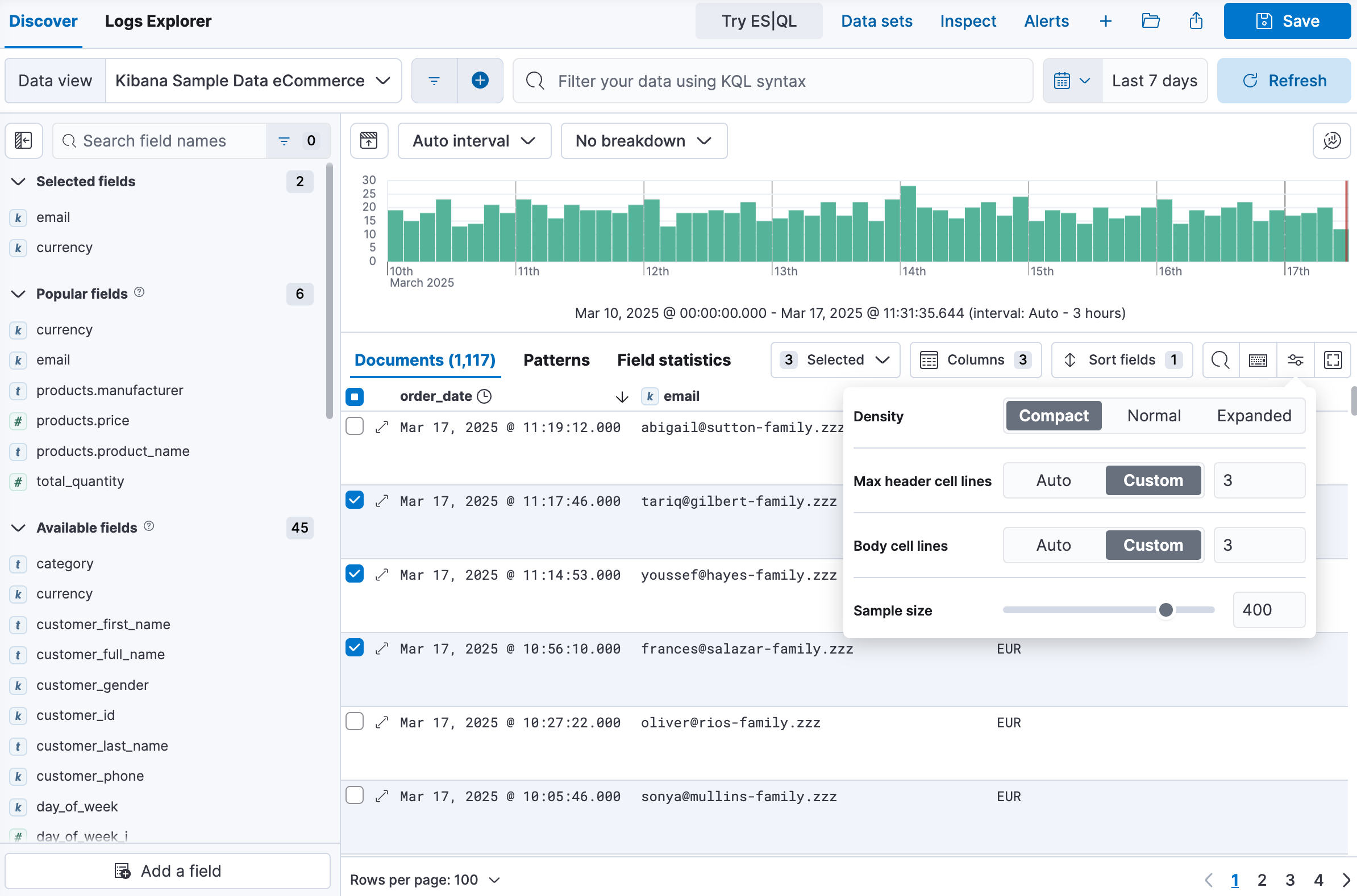 Options to customize the table in Discover