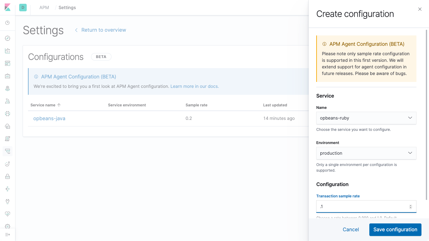 APM sample rate configuration in Kibana