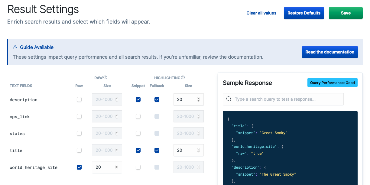 A picture of the Result Settings UI. It’s using the National Parks example Engine. The description and title field are set to snippet with fallback. And it also is set to search for world heritage site using raw.