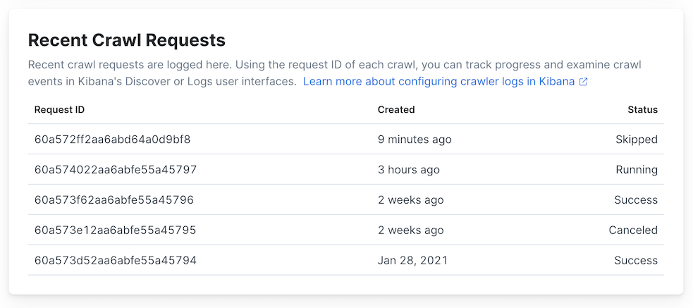 domains dashboard recent crawl requests