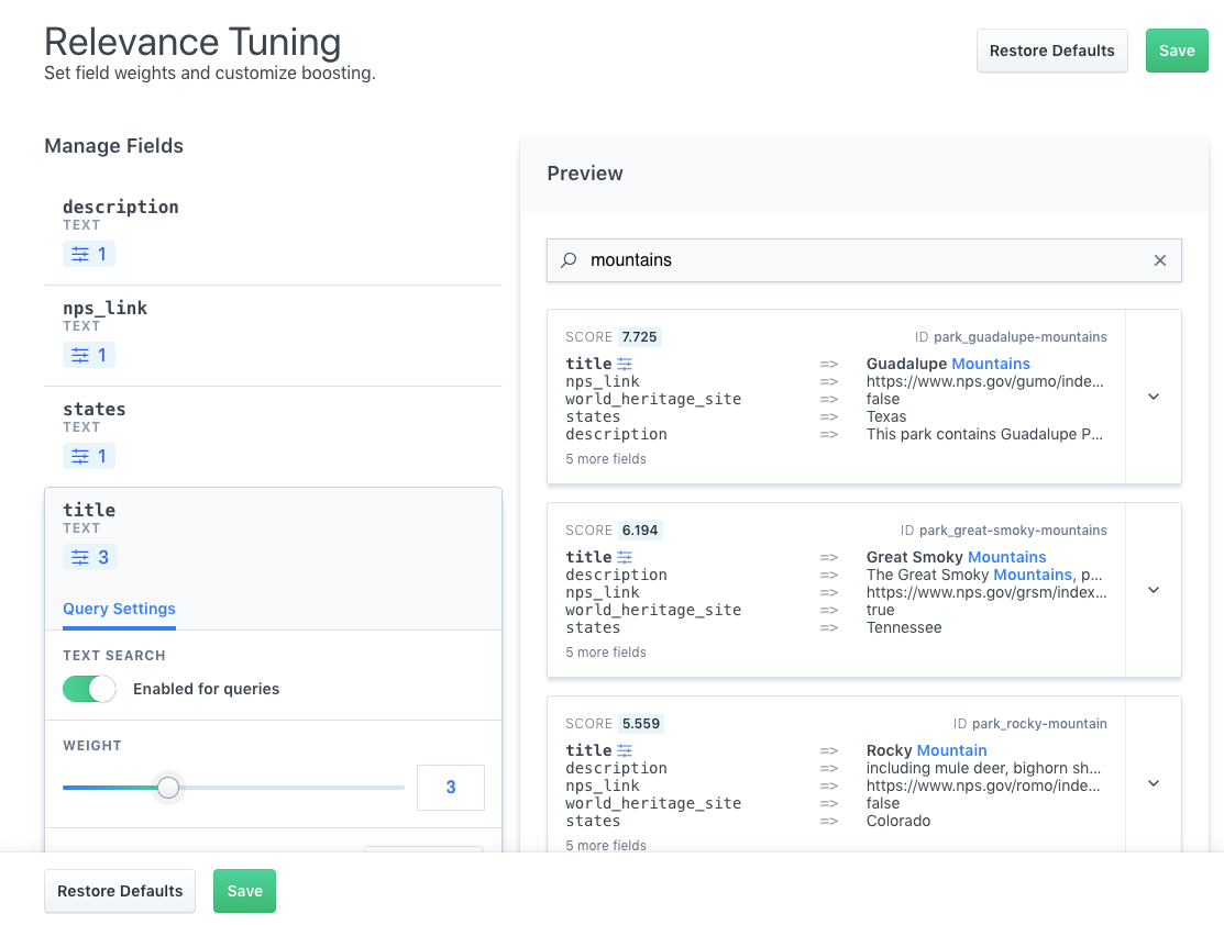 The empty view when you first click within Relevance Tuning.