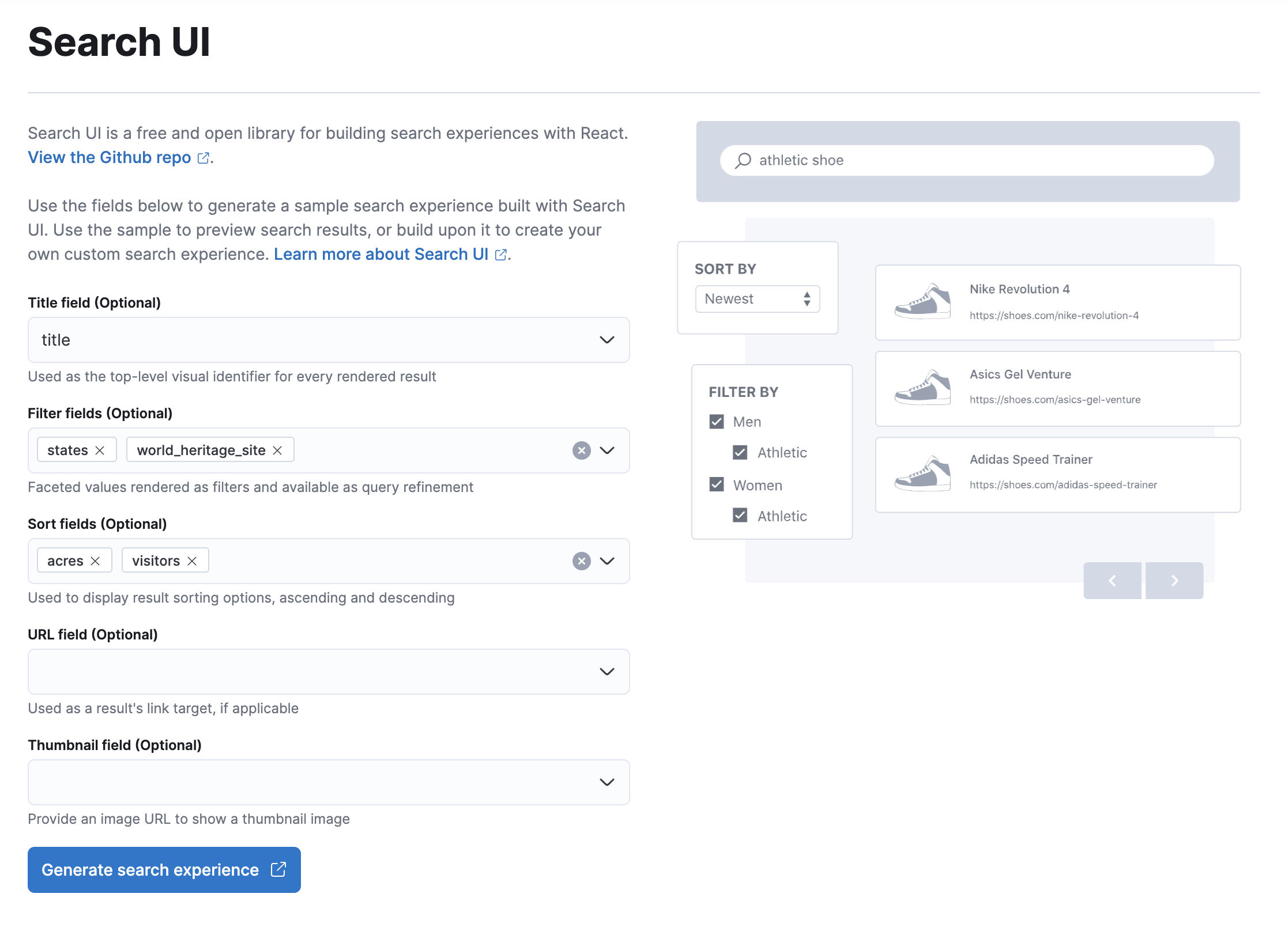 The Search UI form populated with fields matching the above National Parks schema. Details on the configuration can be sussed out from a soon-to-appear JSON object.