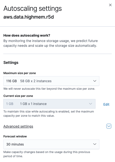 A screenshot showing the autoscaling settings for the data tier