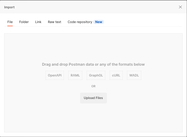 The Import dialog and Upload Files field in Postman