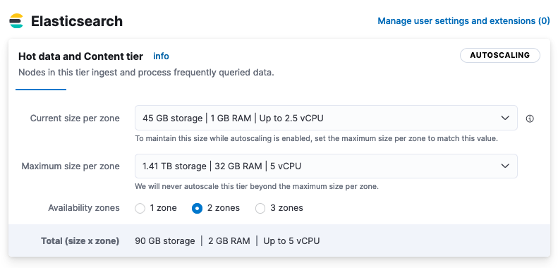 A screenshot showing sizing information for the autoscaled data tier