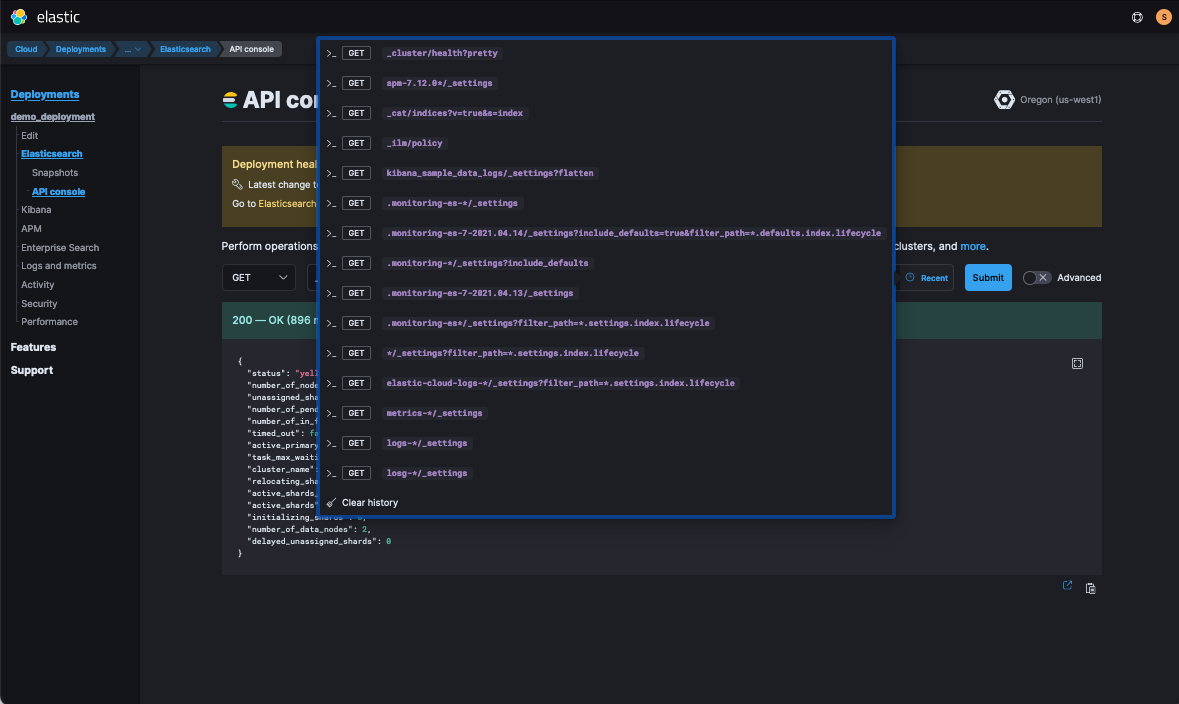 Elasticsearch API console showing queries useful for monitoring