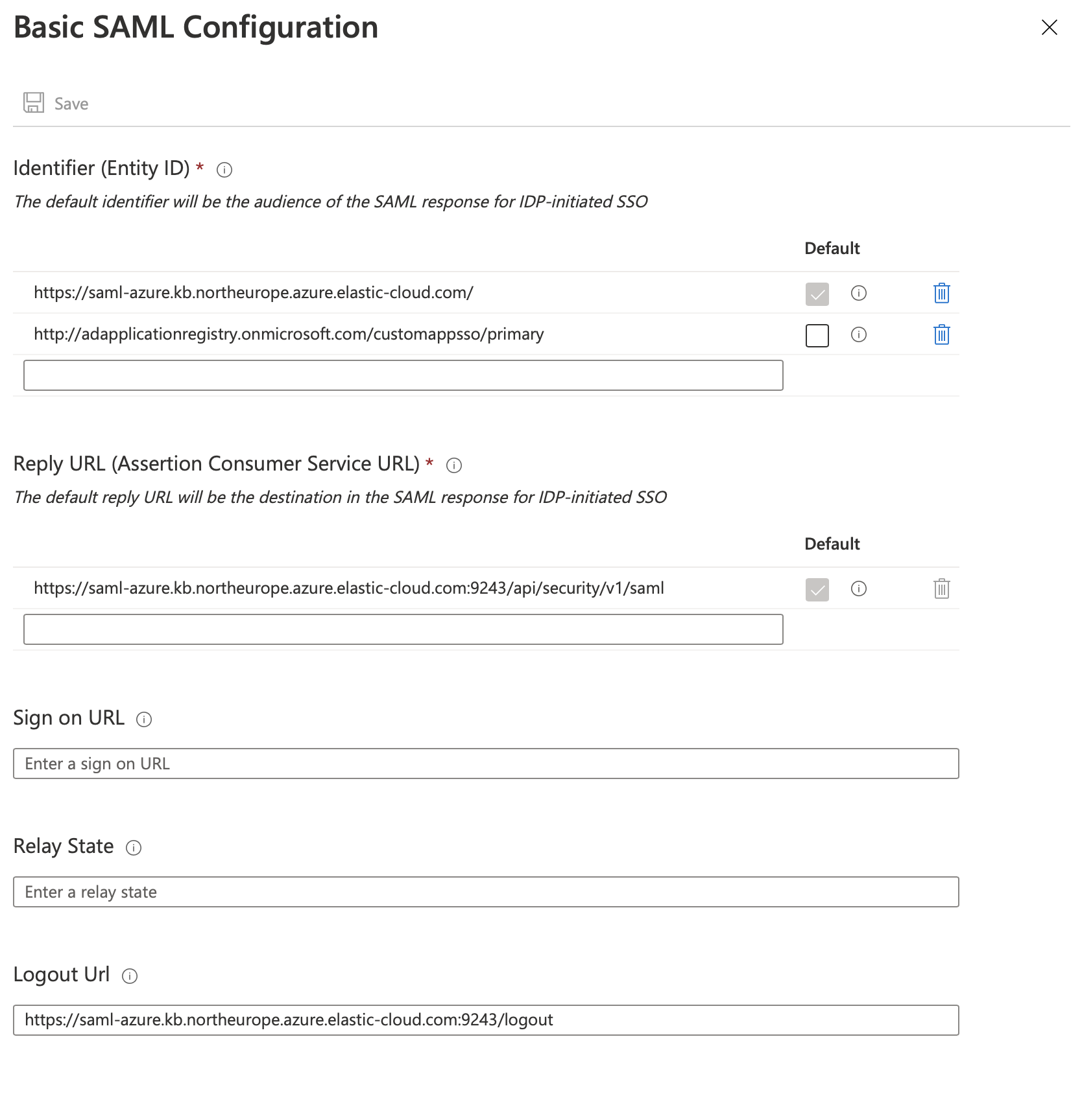 The Azure SAML configuration page with Kibana settings