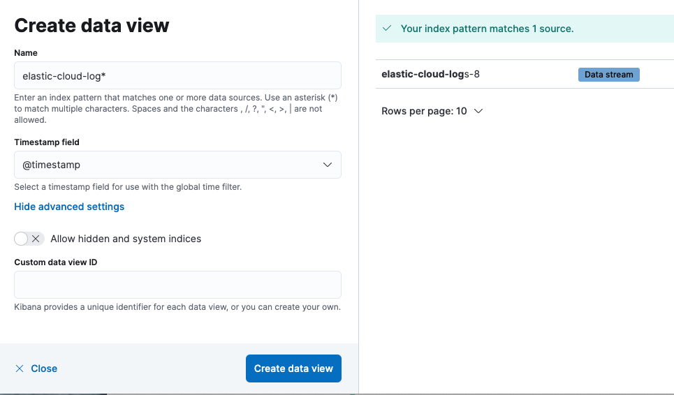 Create data view example in Kibana