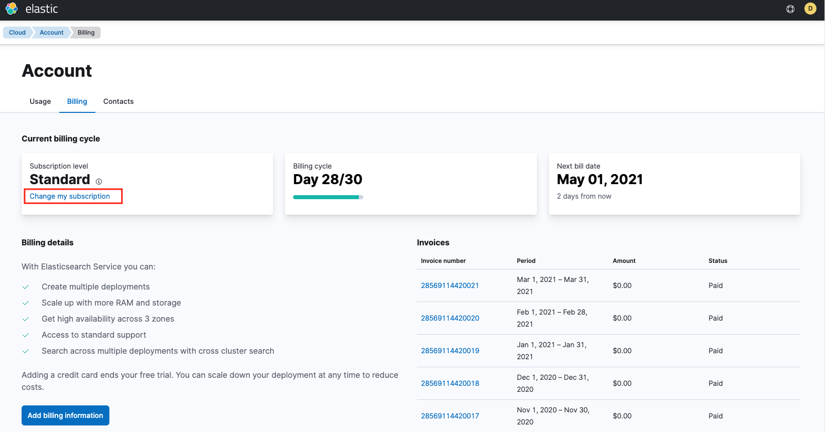 The Elastic Account Billing page with Advanced Settings highlighted