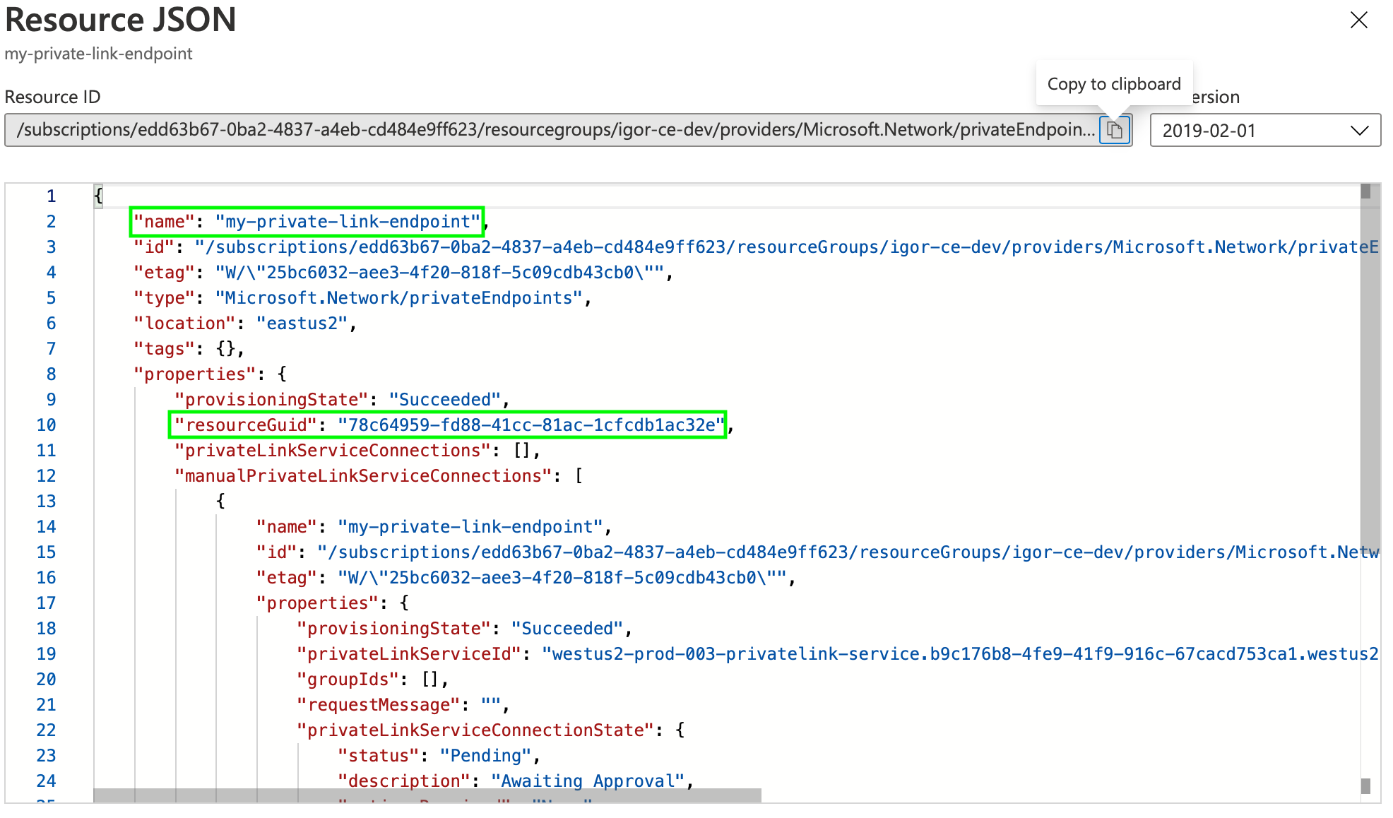 Private endpoint Properties