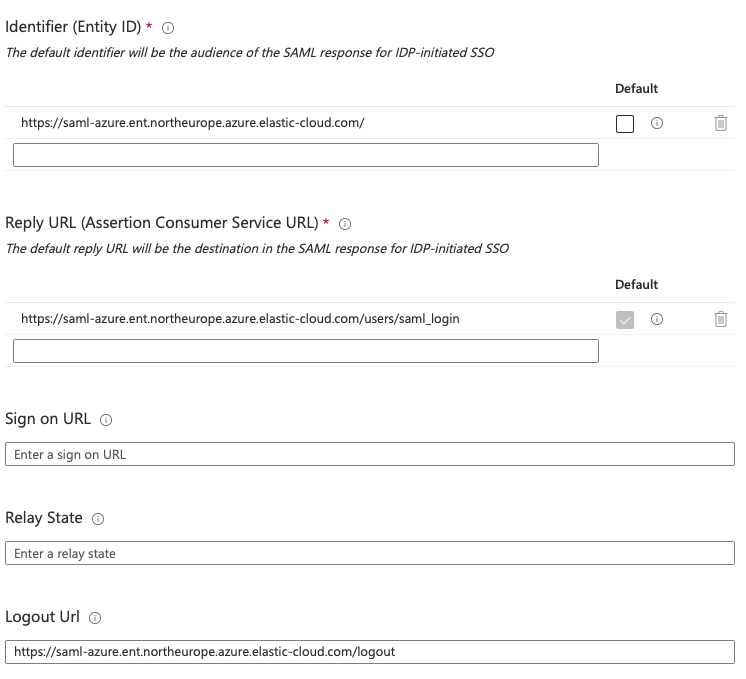 The Azure SAML configuration page with Kibana settings