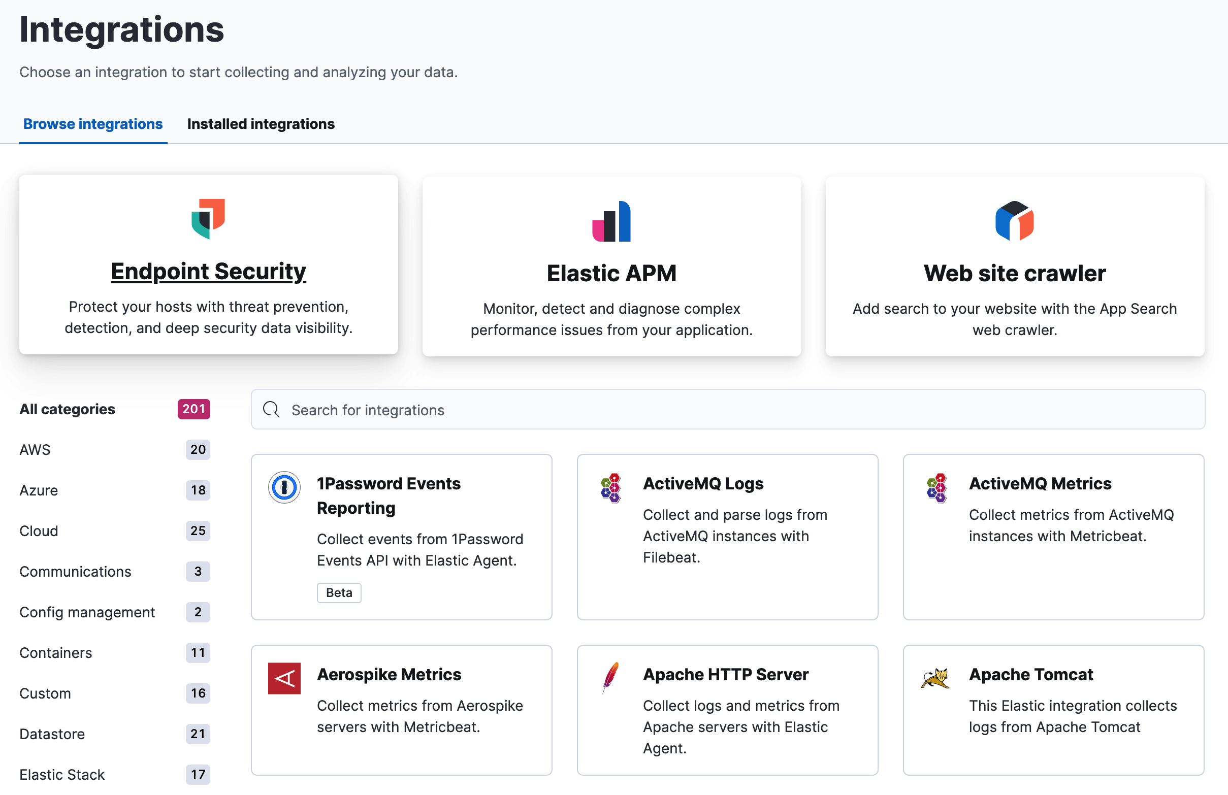 View of all ingest options for Elastic