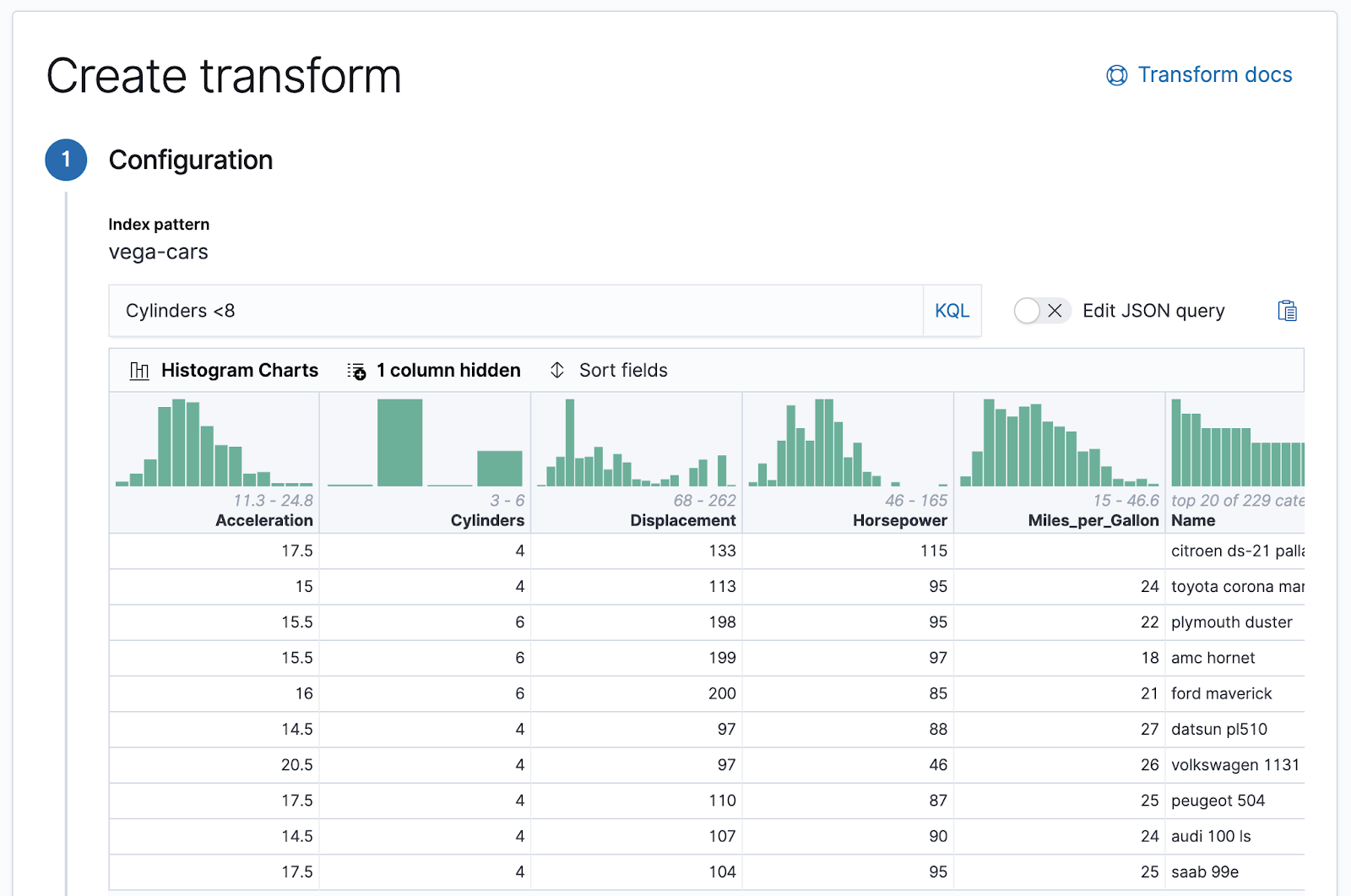 Histogram charts in transforms