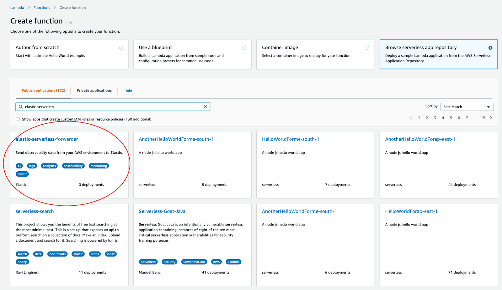 Creating Lambda function with Elastic serverless forwarder