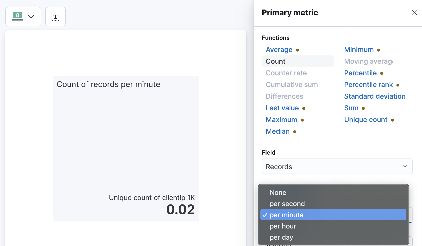 Menu item for viewing a per minute calculation of a field