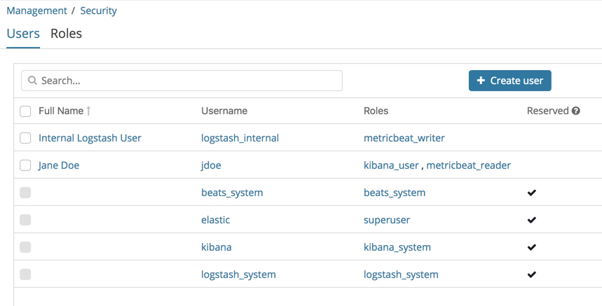 User management screenshot in Kibana