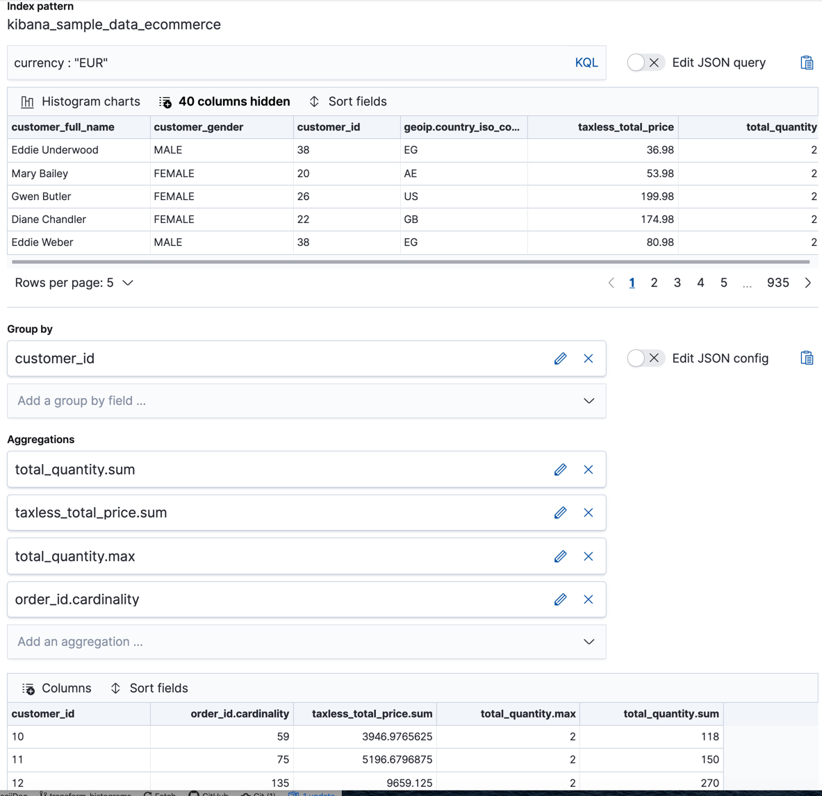 Adding multiple aggregations to a transform in Kibana