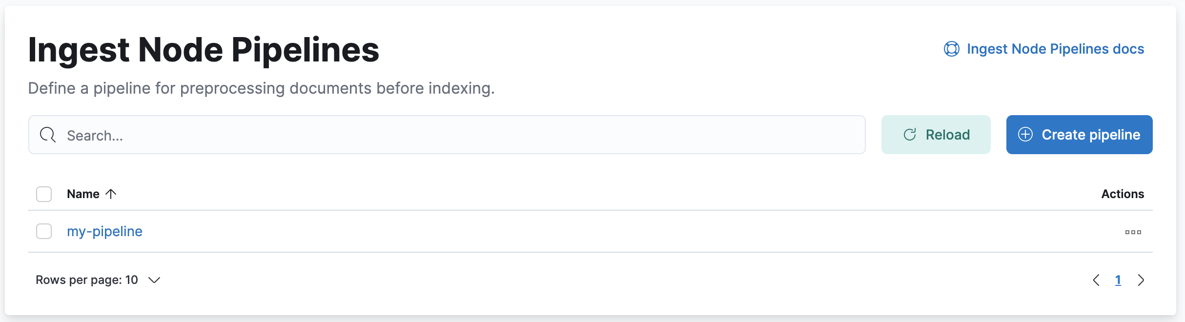 Kibana’s Ingest Node Pipelines list view