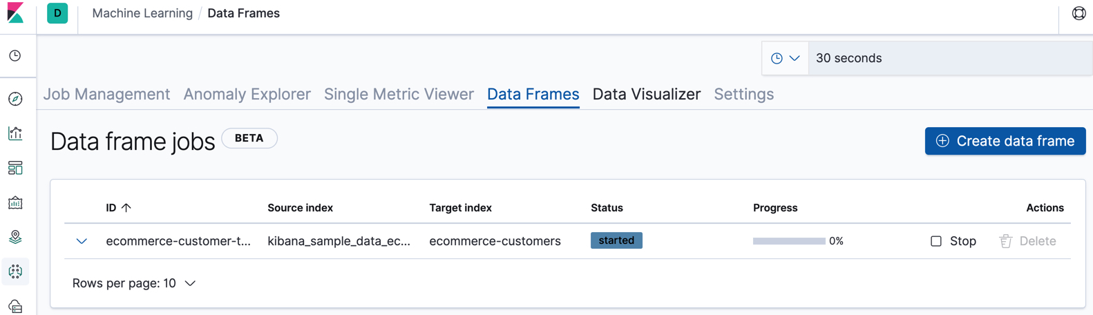 Managing data frame jobs in Kibana