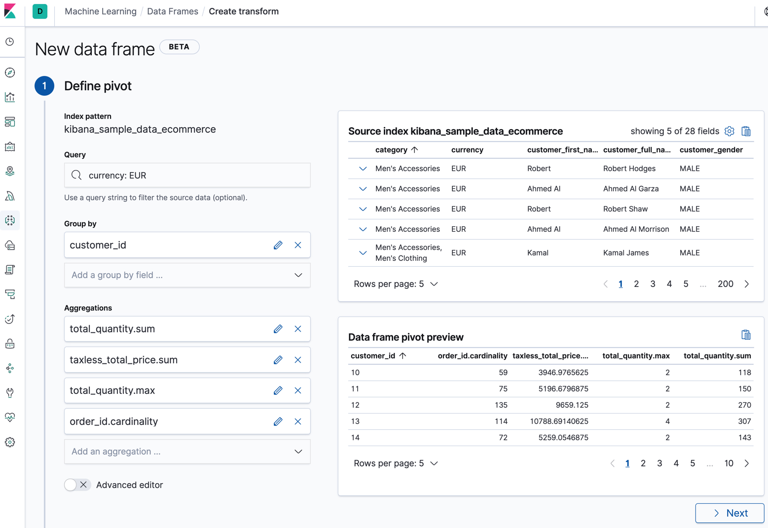 Adding multiple aggregations to a transform in Kibana