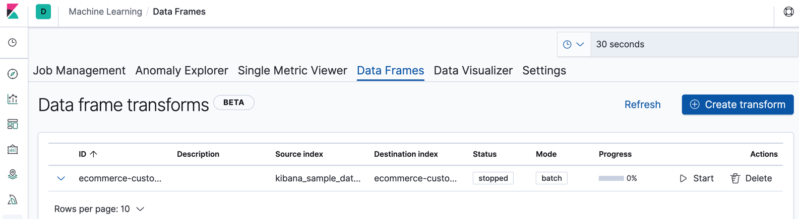 Managing transforms in Kibana