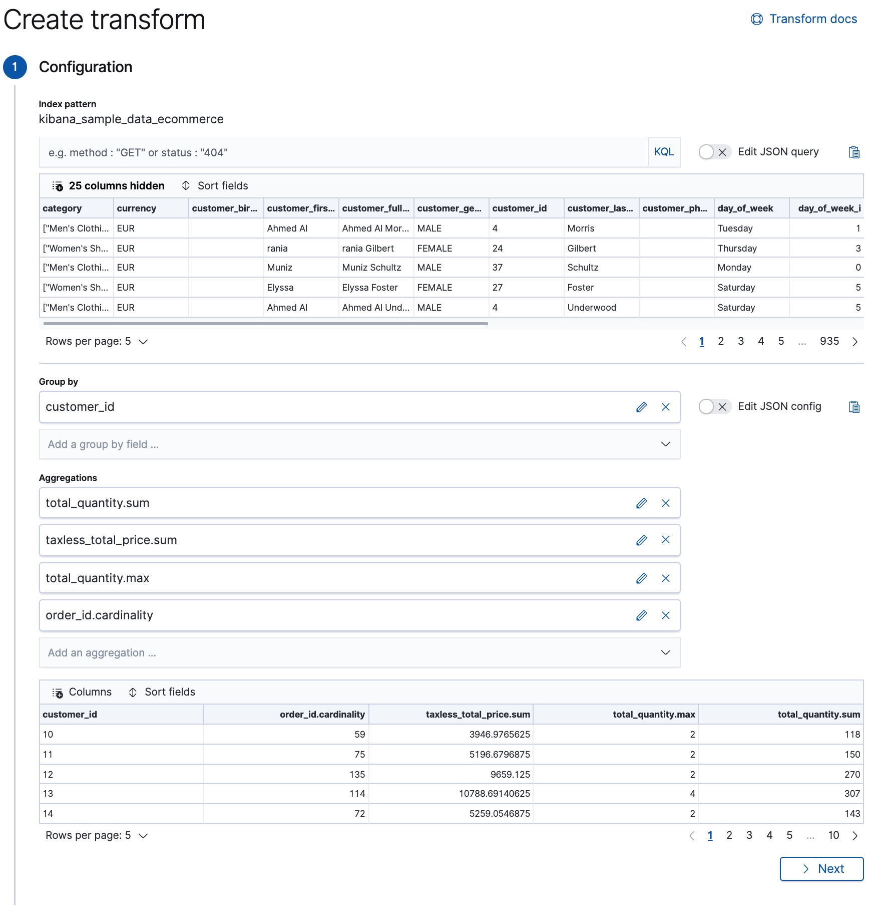 Adding multiple aggregations to a transform in Kibana