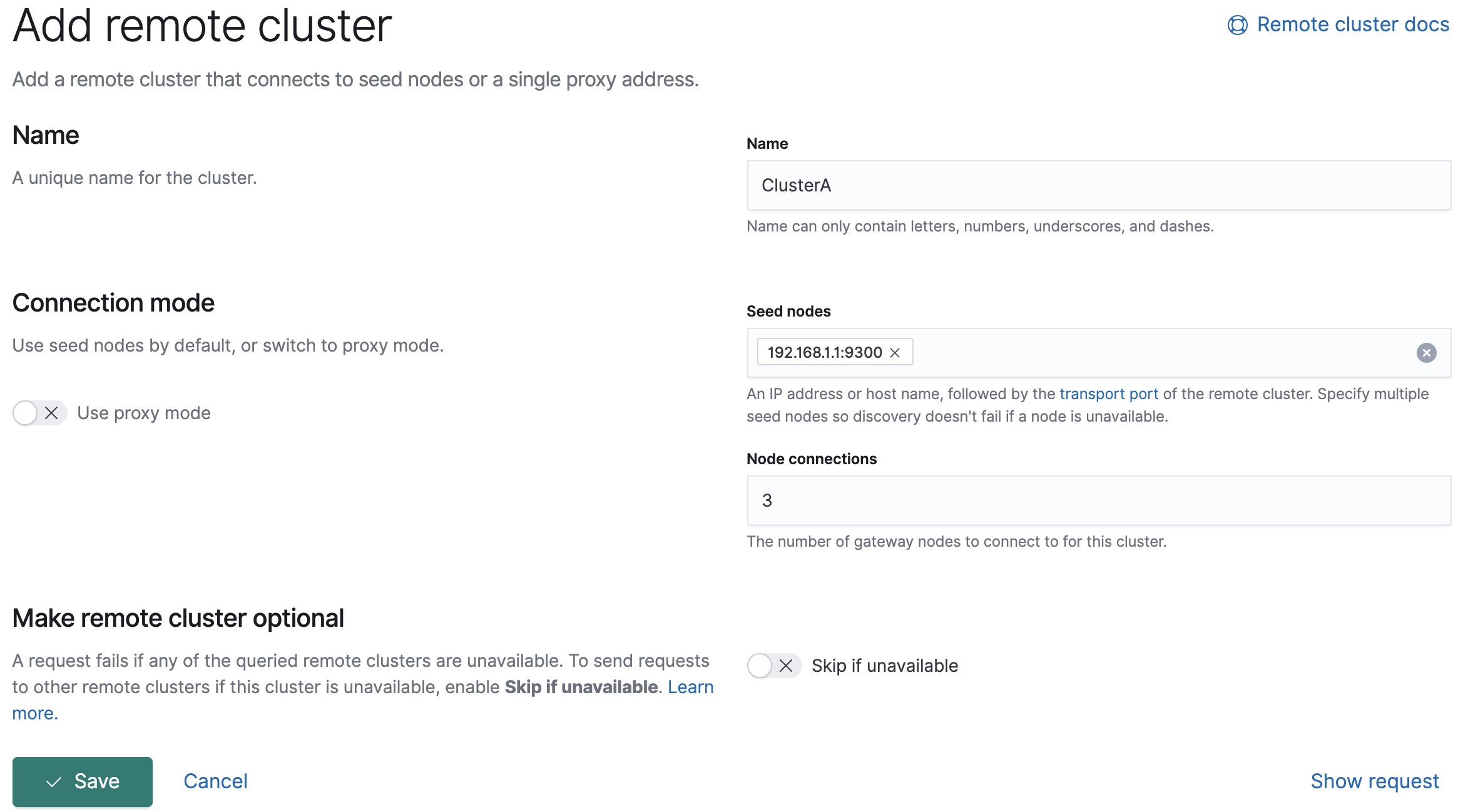 The Add remote clusters page in Kibana