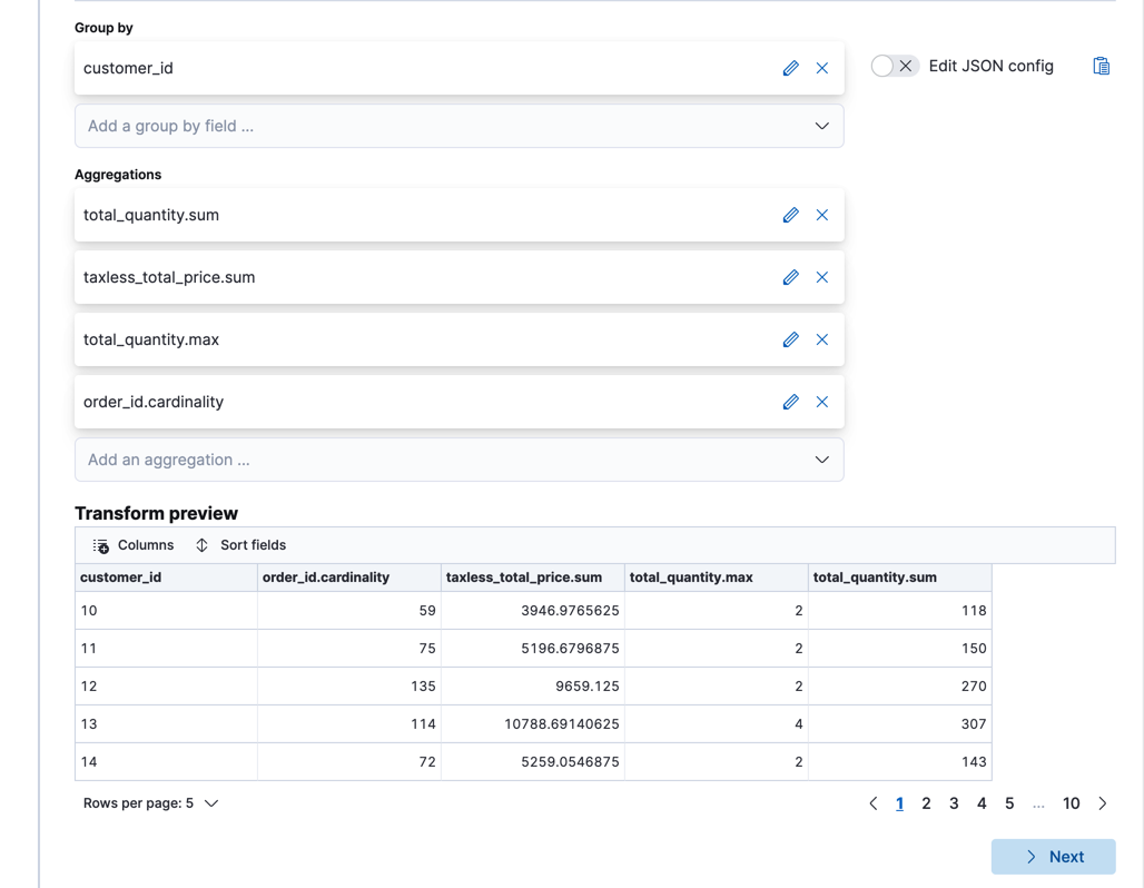 Adding multiple aggregations to a transform in Kibana