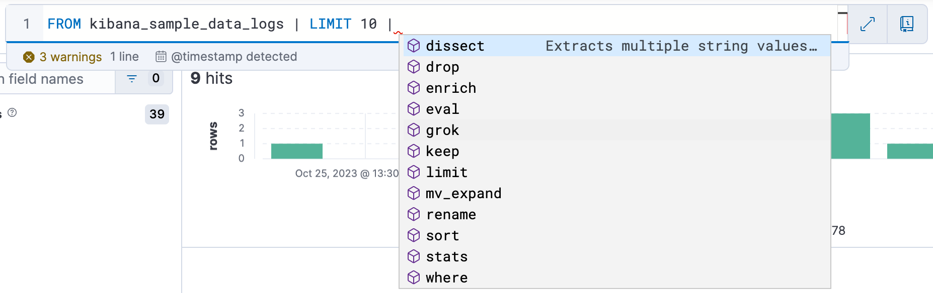 esql kibana auto complete