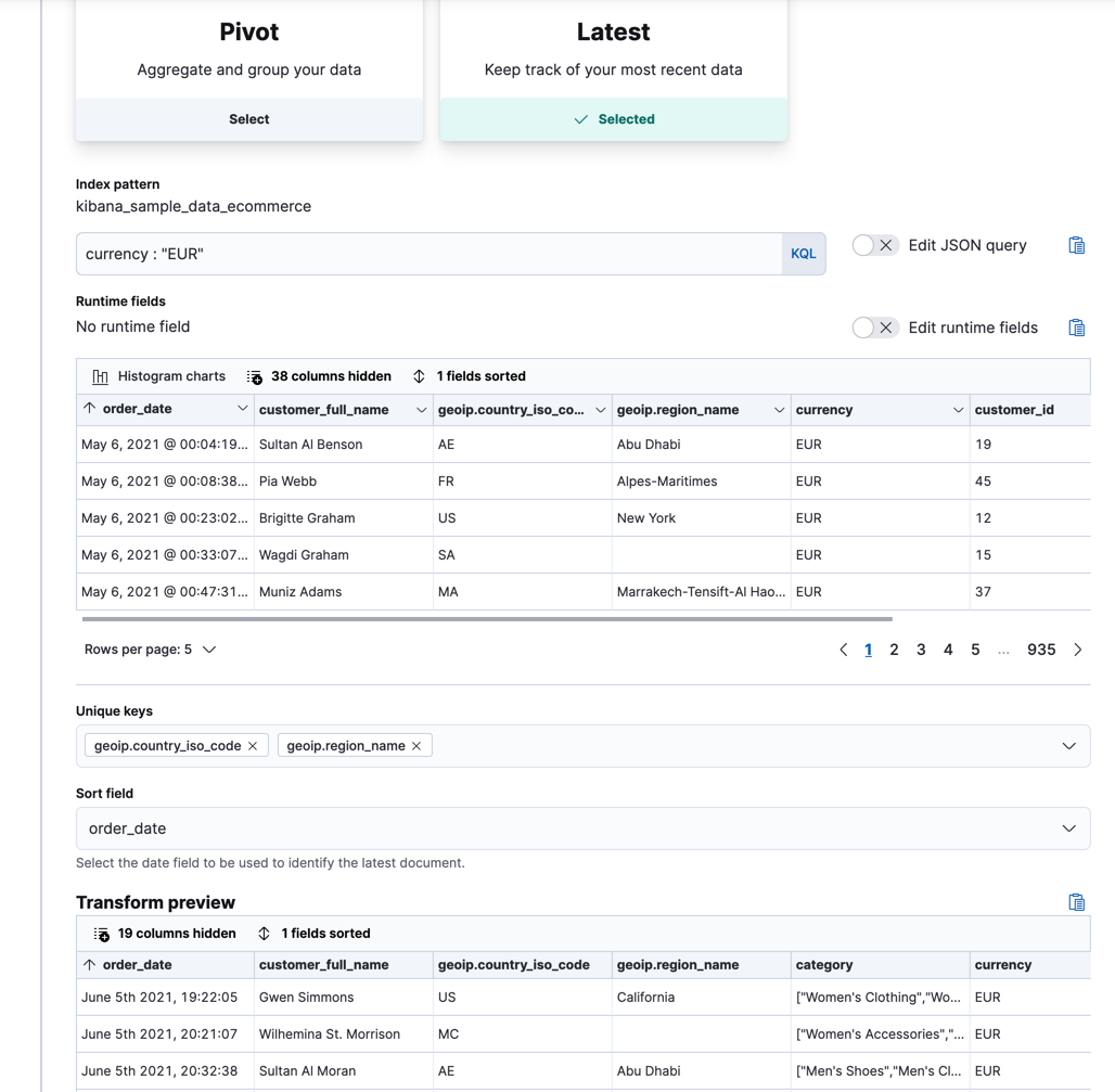 Creating a latest transform in Kibana