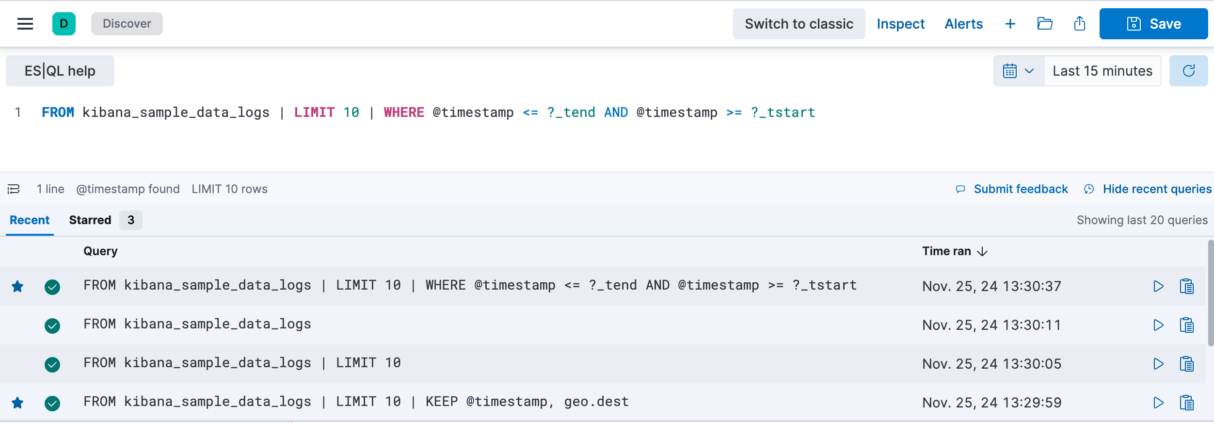 esql discover query history