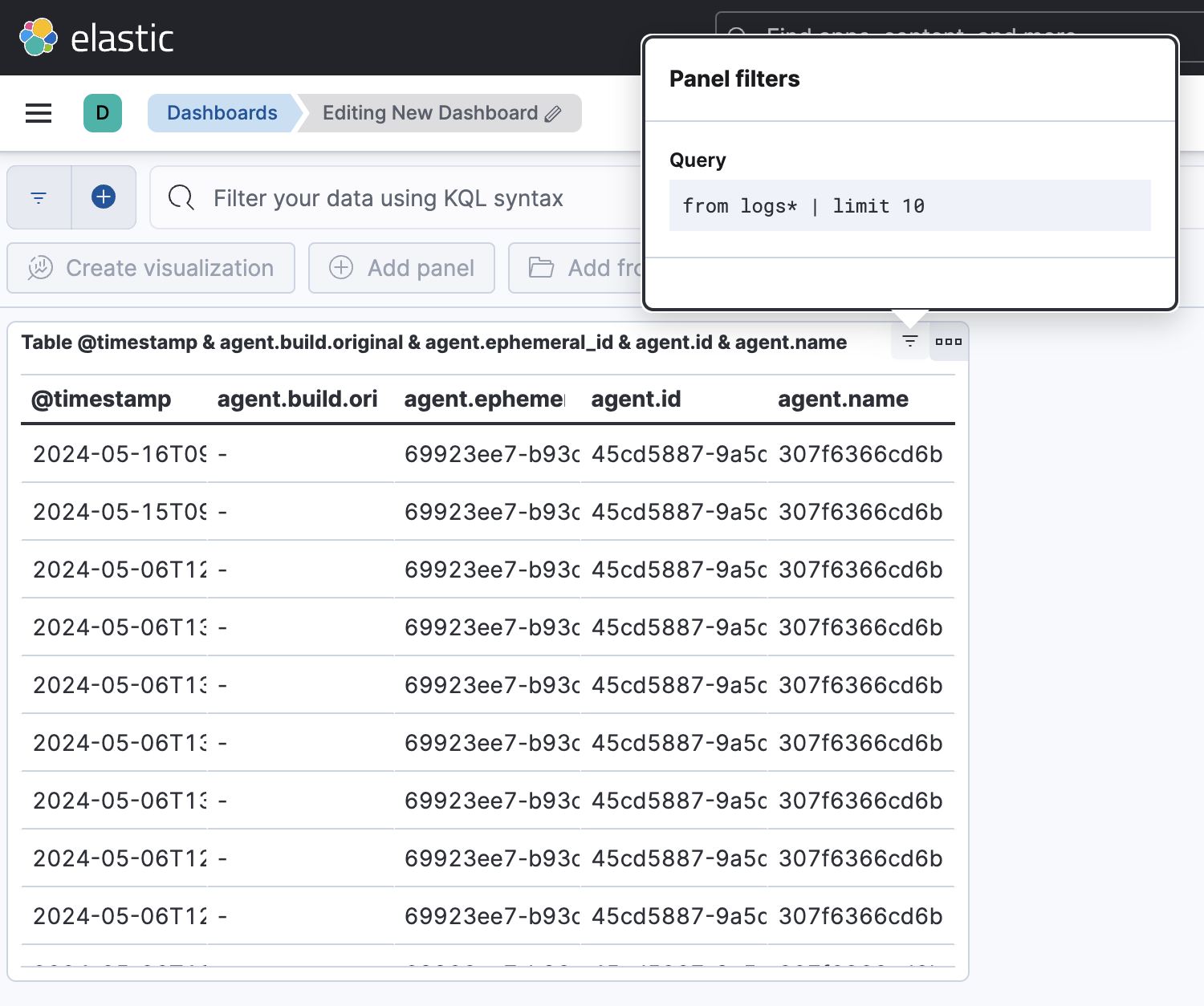 esql dashboard panel query