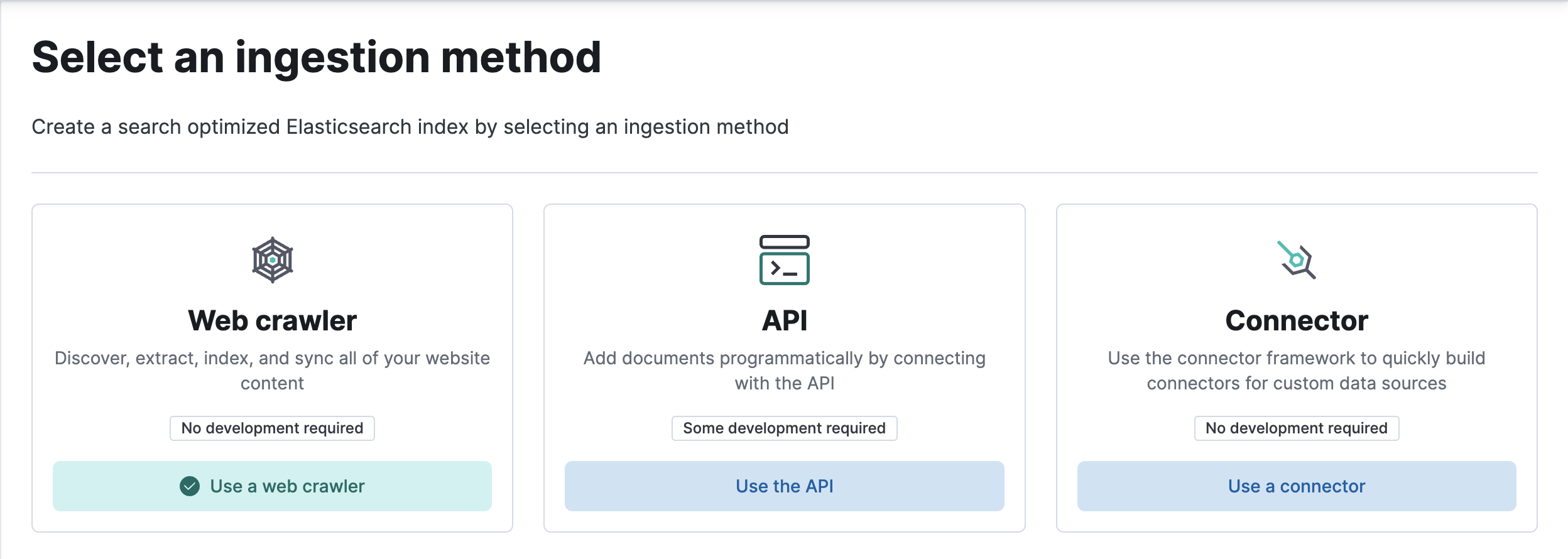 Select ingestion method UI screen: with crawler