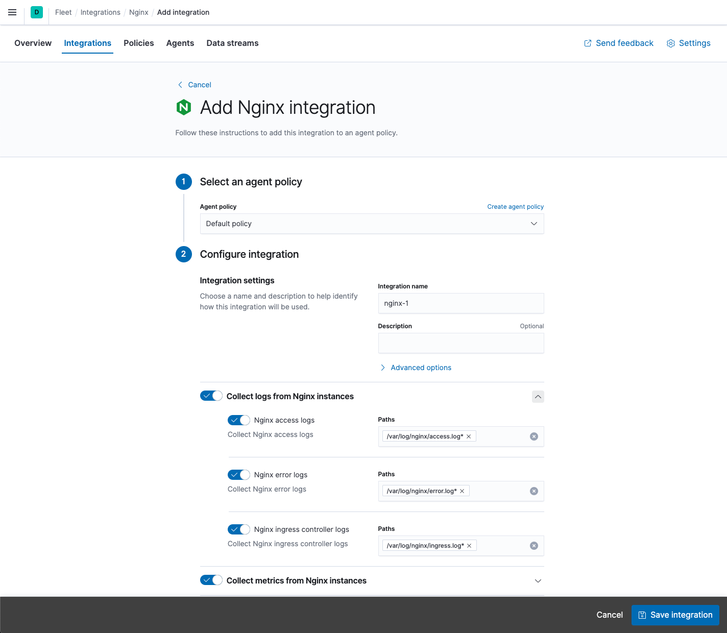 Fleet Add Nginx integration page