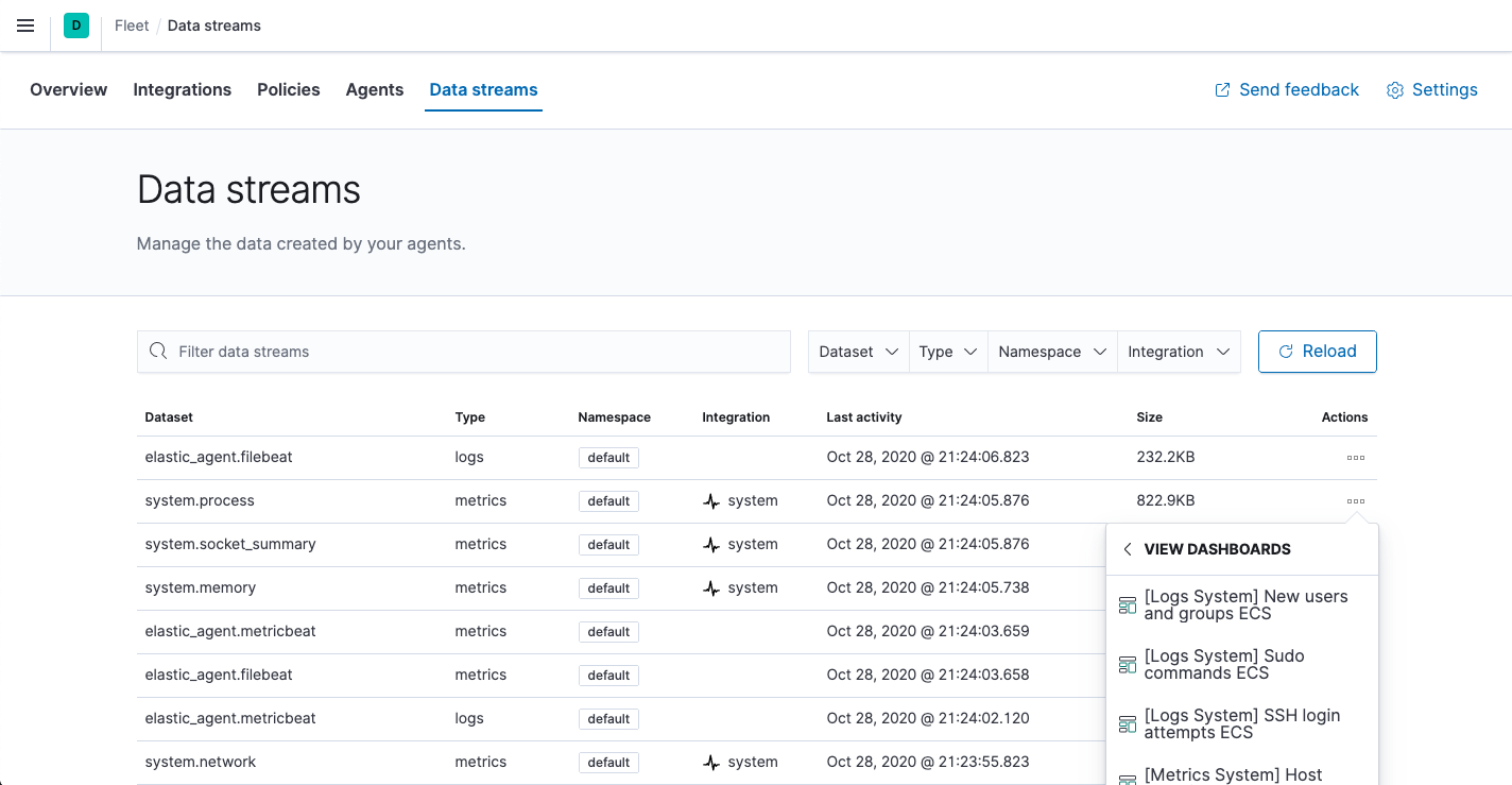 Fleet showing data streams list