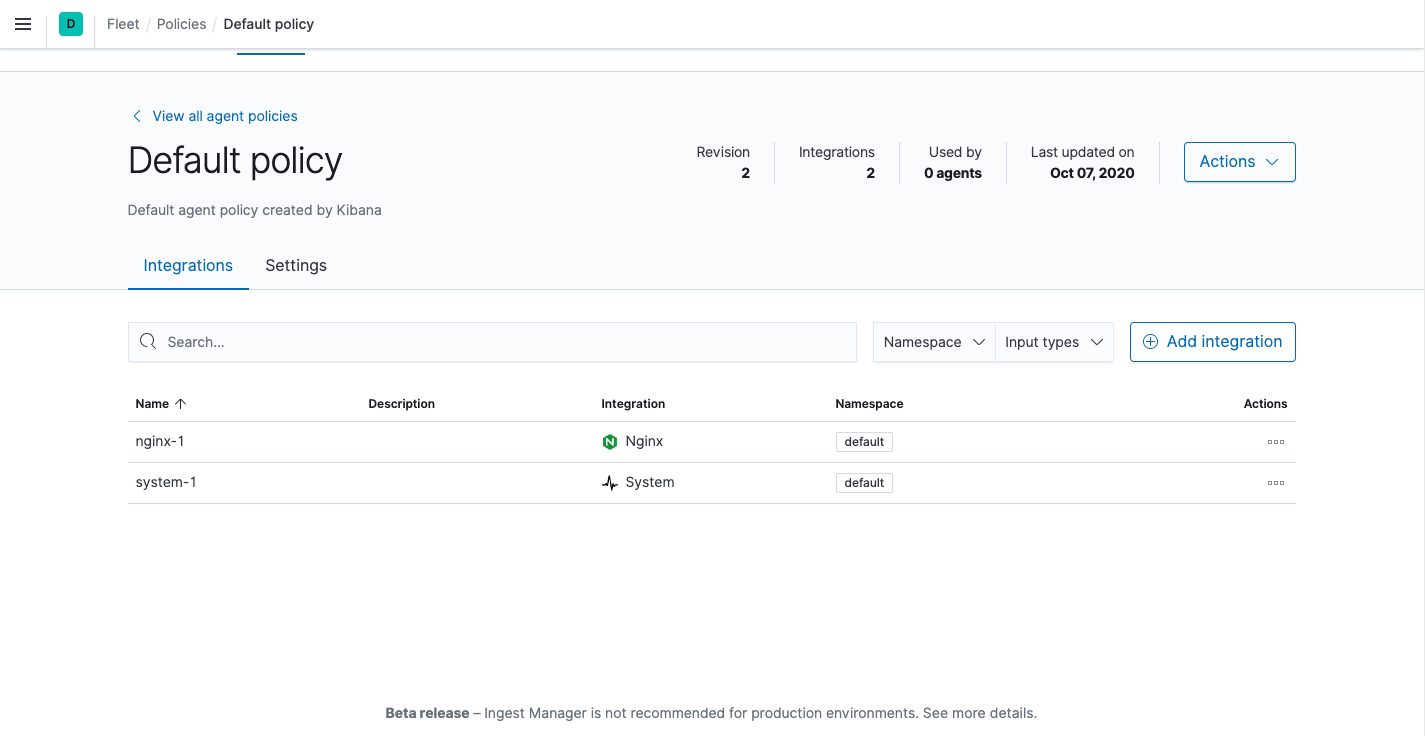 Fleet showing default agent policy with nginx-1 datasource