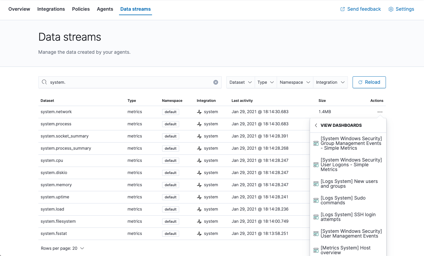 Fleet showing data streams list